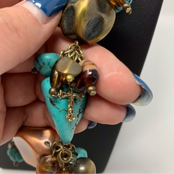 Religious Cross Chunky Brown and Blue Statement Necklace - Picture 3 of 10